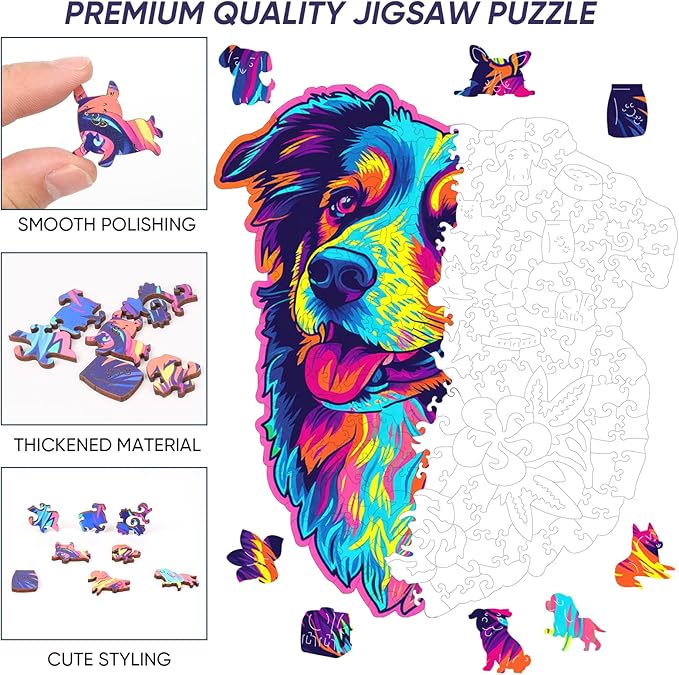 Australian Shepherd Dogs Wooden Puzzle Stained Colorful (9.7 * 11.2in-200pcs) Art Painting Wooden Puzzle for Kids Adults, Birthday Mother's Father's Day Christmas for Dad Mom Son Daughter