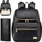 Weitars Diaper Bag Backpack Leather Baby Diaper Bag with Changing Pad Travel Diaper Backpack,Baby Bag for Mom,Stroller Straps,5 Insulated Pockets (Black Leather)