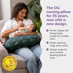 Boppy Nursing Pillow - Ergonomic Bottle & Breastfeeding Pillow with High, Firm, Large Area, Water-Repellent Cushion with Washable Cover; Baby Safety Alliance Verified - Forest Green Dinos