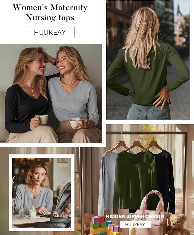 Huukeay 3 Pack Women's Long Sleeve Nursing Tops, Breastfeeding Hidden Zippers Shirts V Neck Maternity Pregnancy Tees Clothes
