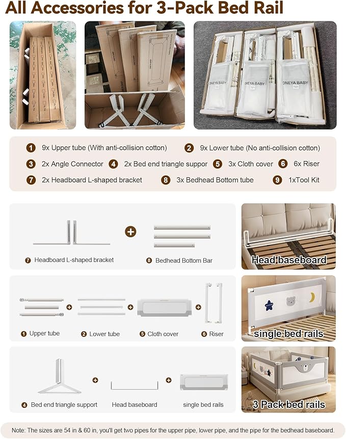 3 Piece Full Size Bed Rails for Toddlers, No-Drill Needed Baby Bed Rail Guard with Height Adjustable, Thickened Child Safety Side Railing Guards/Bedrail for Kids,Grey Bear Cute Design, 54x78.7x78.7in