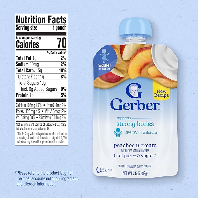Gerber Baby Food Pouches, Toddler 12+ Months, Fruit & Yogurt Peaches & Cream, 3.5 Ounce (Pack of 12)