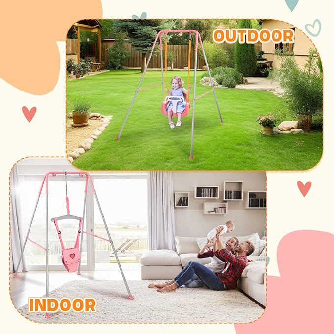 4-in-1 Toddler Swing Set & Baby Jumper and Bouncer for Toddlers, Foldable Baby Swing Stand for Outdoor Indoor Play, Easy to Assemble and Store for Ages 6 Months to 10 Years Old(Pink)