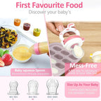 WAJIAYON Baby Fruit Feeder Pacifier | 2 Infant Food Feeder Pacifier & 1 Baby Food Dispensing Spoon | Mesh Fresh Fruit Teethers for Babies Teething Feeders | Shower Gifts for Boys and Girls (Pink)