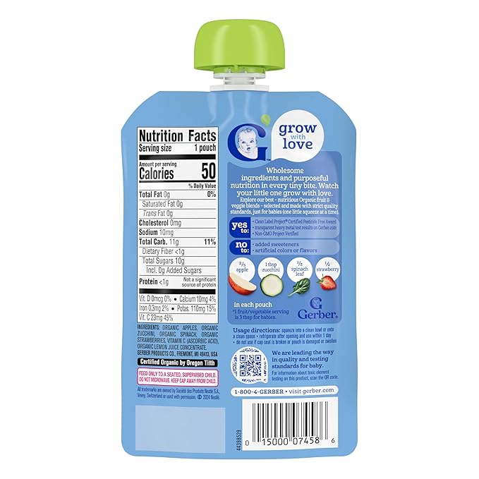 Gerber Organic Baby Food Pouches, 2nd Foods for Sitter, Apple Zucchini Spinach Strawberry, 3.5 Ounce (Pack of 12)