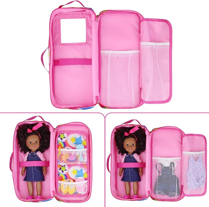 K.T.Fancy 14.5 Inch Doll Carrier Wishers Doll Travel Case Crossbody Carrier Bag Suitcase for 14.5 Inch Girl Doll Accessories with Multi-Pocket Storage Closet