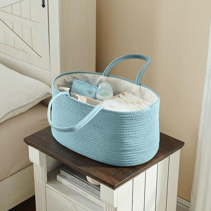 Baby Diaper Caddy Organizer, Large Cotton Rope Nursery Diaper Basket, Changing Table Organizer, Portable Tote Bag with Divider, Car Storage, Baby Shower Gifts for Newborn Girls - Lake Blue