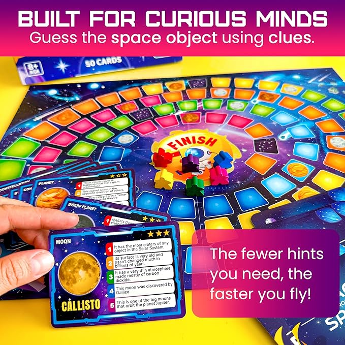 QUOKKA Space Board Game for Kids Ages 8-12 and Families – Fun Space Trivia Game with 50 Cards, Colorful Tokens & Game Board – Learn Planets, Moons Facts – Educational Family Games