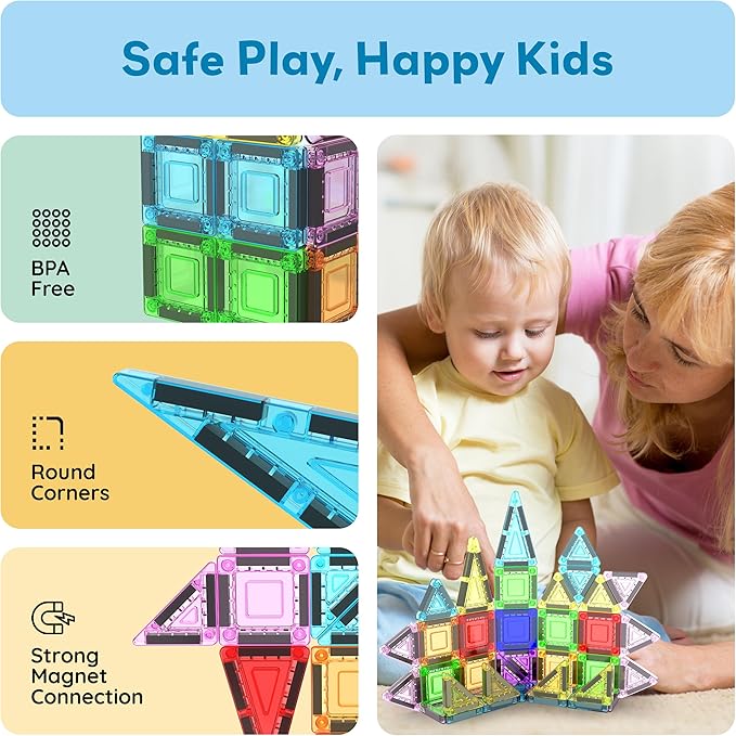 PicassoTiles 40pc Nano Mini Magnetic Tile Construction Building Blocks Travel Toy Set with Storage Case STEM Educational Fun Learning Magnet Tiles Stacking Toys for Toddlers Girls Boys Ages 3+ PN01