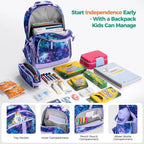 Choco Mocha Galaxy Backpack for Girls, Elementary School Backpack for Girls Ages 6-8 Kids Kindergarten Backpack Large Bookbag 18 Inch with Chest Strap, Purple