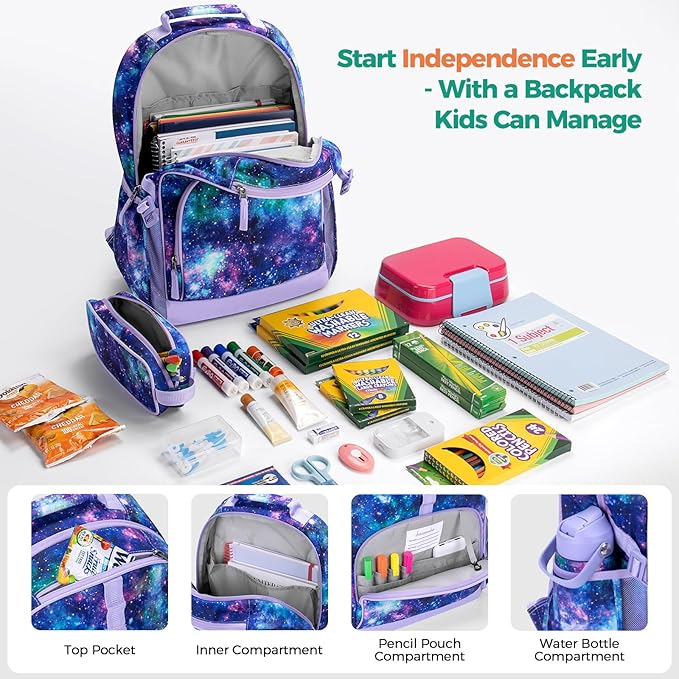 Choco Mocha Galaxy Backpack for Girls, Elementary School Backpack for Girls Ages 6-8 Kids Kindergarten Backpack Large Bookbag 18 Inch with Chest Strap, Purple