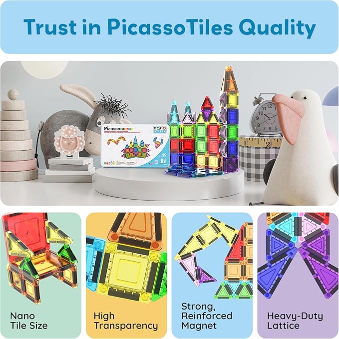 PicassoTiles 40pc Nano Mini Magnetic Tile Construction Building Blocks Travel Toy Set with Storage Case STEM Educational Fun Learning Magnet Tiles Stacking Toys for Toddlers Girls Boys Ages 3+ PN01