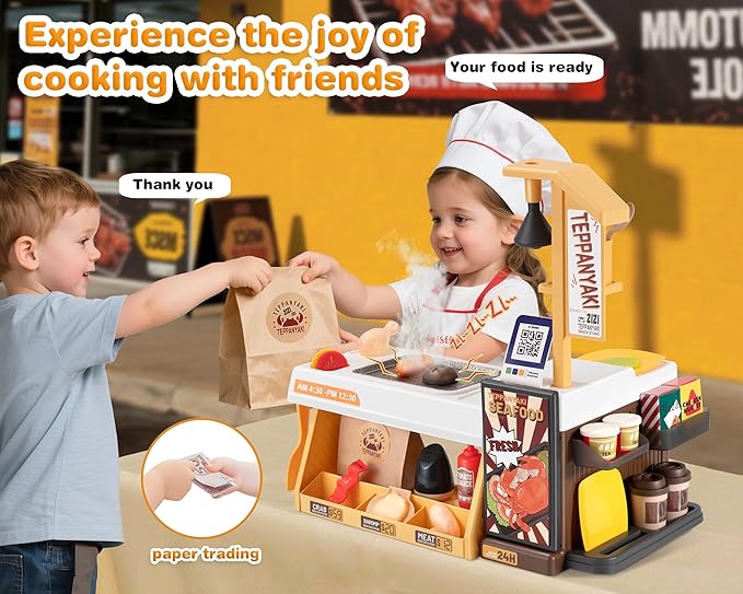 Kids Kitchen Food PlaySet - Simulated Teppanyaki Fast Food Restaurant Toy with Cash Register, Includes Color-Changing Food, Suitable Birthday Gift for Boys and Girls Aged 3-5