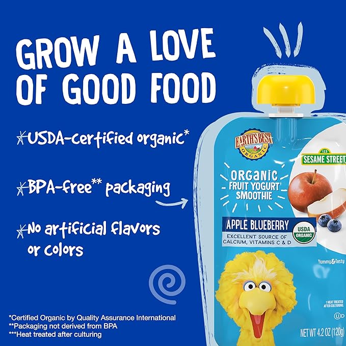 Earth's Best Organic Yogurt Smoothie Pouches, 24+ Months, Fruit Yogurt Smoothie for Toddlers 24 Months and Up, Apple Blueberry, 4.2 Ounce Resealable Pouch (Pack of 12)
