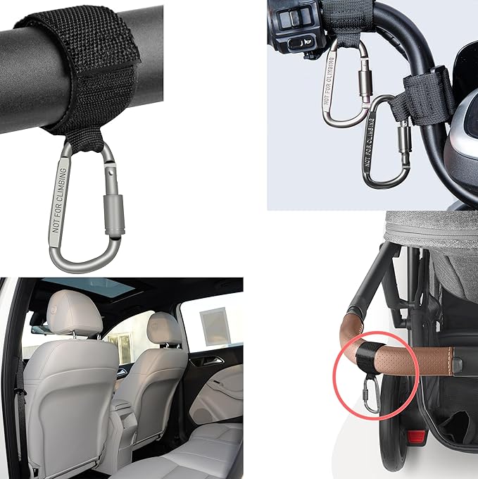 Baby Stroller Hook, Carry 30 lbs per Stroller Carabiner Clip, Adjustable Baby Stroller & Car Seat Hook for Hanging Diaper Bag, Wheelchair,Golf cart, Shopping and Pet Cart(2 Pcs Silver)