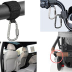 Baby Stroller Hook, Carry 30 lbs per Stroller Carabiner Clip, Adjustable Baby Stroller & Car Seat Hook for Hanging Diaper Bag, Wheelchair, Golf cart, Shopping and Pet Cart(2 Pcs Black)