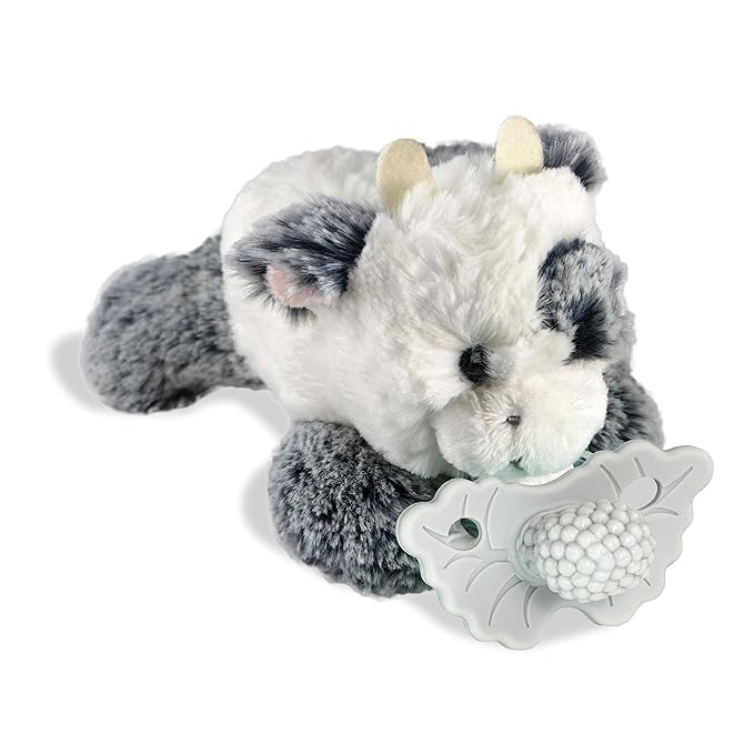 RaZbaby Cow RaZbuddy w/RaZberry Teething Relief Pacifier – Soothes Sore Gums w/Nature-Inspired Texture, 100% BPA-Free Silicone Teether, Detachable Stuffed Animal – 3 Months+ Teether, Grey