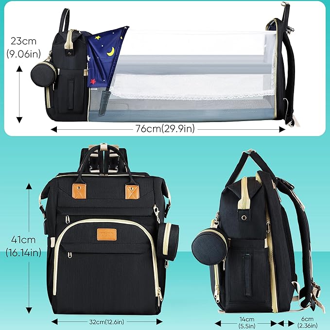 Diaper Bag Backpack for Mom and Dad, Large Capacity Baby Travel Bag with USB Charging Port, Waterproof Foldable Baby Bag for Boys and Girls, Stylish Maternity Backpack for Travel & Hospital，Black