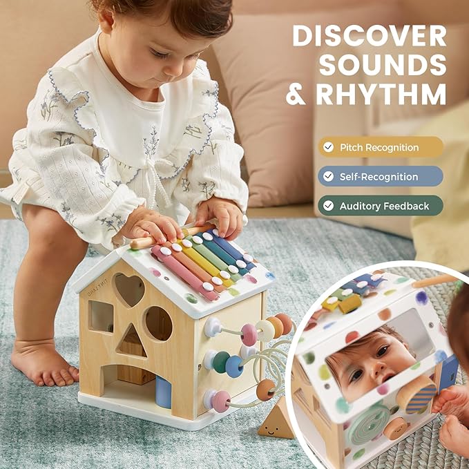 Tiny Land 9-in-1 Wooden Activity Cube, Montessori Baby Activity Center for 1+ Year Old, Educational Toy for Toddlers, Ideal Gift for Boys and Girls (Morandi)