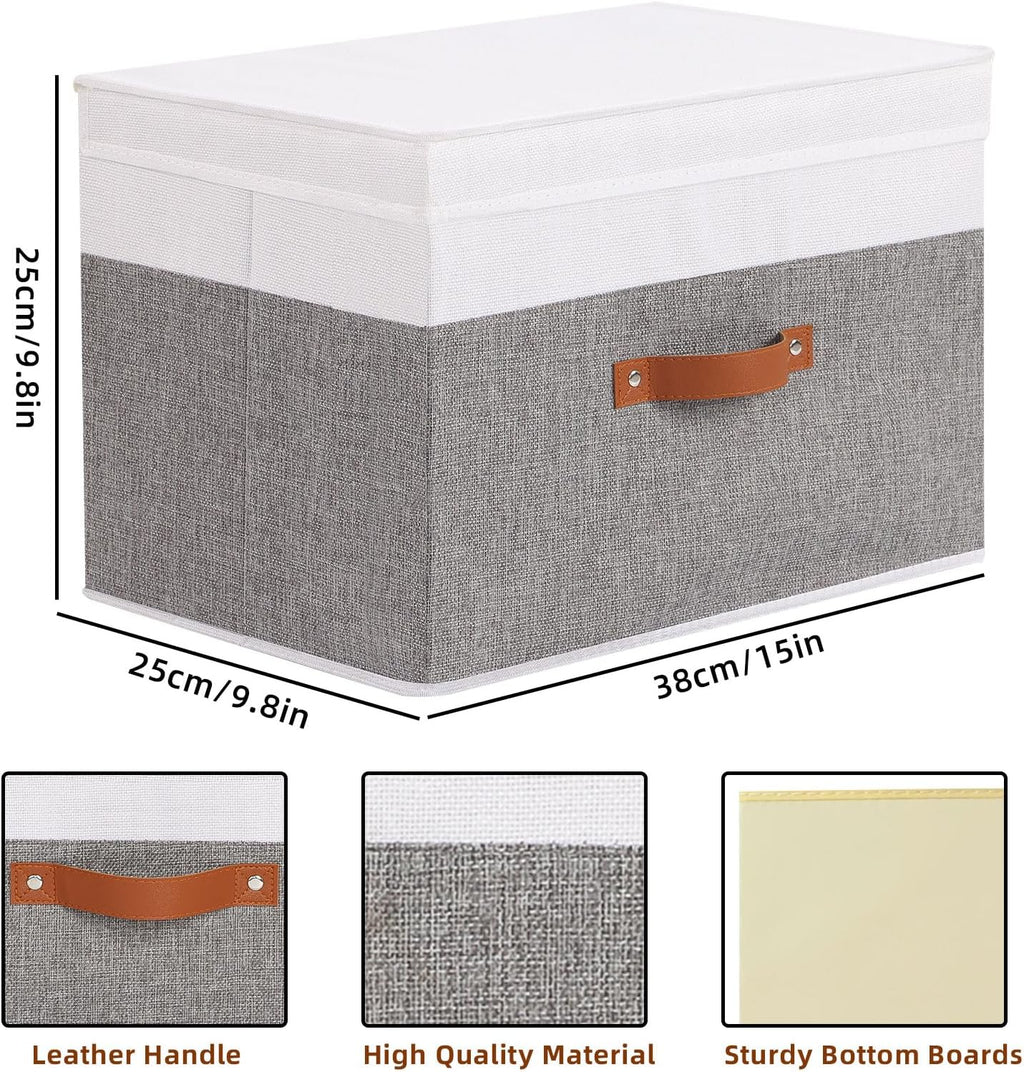 Fabric Storage Bins with Lids, 3 Pack Linen Foldable Cloth Baskets, 15 x 9.8 x 9.8 Inch Closet Organizer Containers with Double Handles, Sweater Boxes for Bedroom, White and Grey