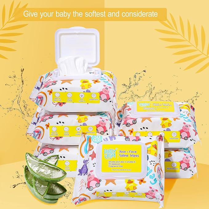 HAPPY BUM - 180 Count Saline Baby Wipes, Unscented, 7.4 x 7.2 Inch, Moist and Refreshing, Multi-Purpose Use, Ideal for Travel