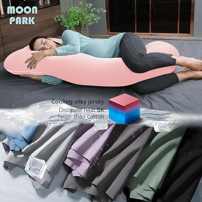 MOON PARK Pregnancy Pillows for Sleeping - U Shaped Full Body Maternity Pillow with Removable Cover - Support for Back, Legs, Belly, HIPS - 65 Inch - Pink - Cooling Cover
