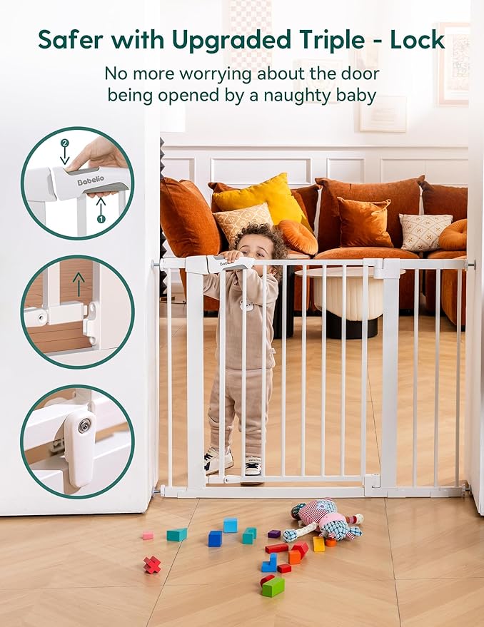 Babelio 29-43" Magnetic Baby Gate for Stairs,Doorways House,Kitchen,30" Tall Pet Barrier with Baffles,Pressure Mounted & Dual-Lock Design Safety for Kids Toddler,Auto-Close/Hold-Open,White