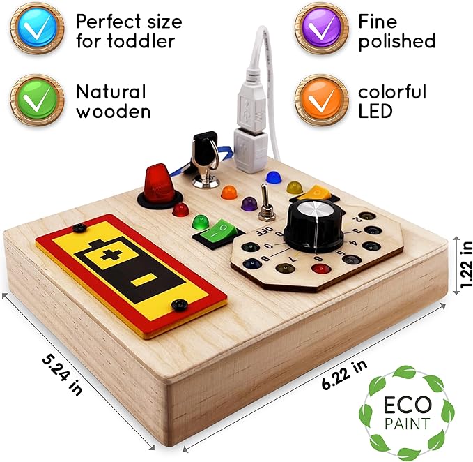 Wooden Montessori Musical Busy Board for Toddlers for 3-5 Year-Old with Mechanical Turner, Colorful Bulbs, Switches, Buttons - Enhance Sensory, Motor Skills (Updated)