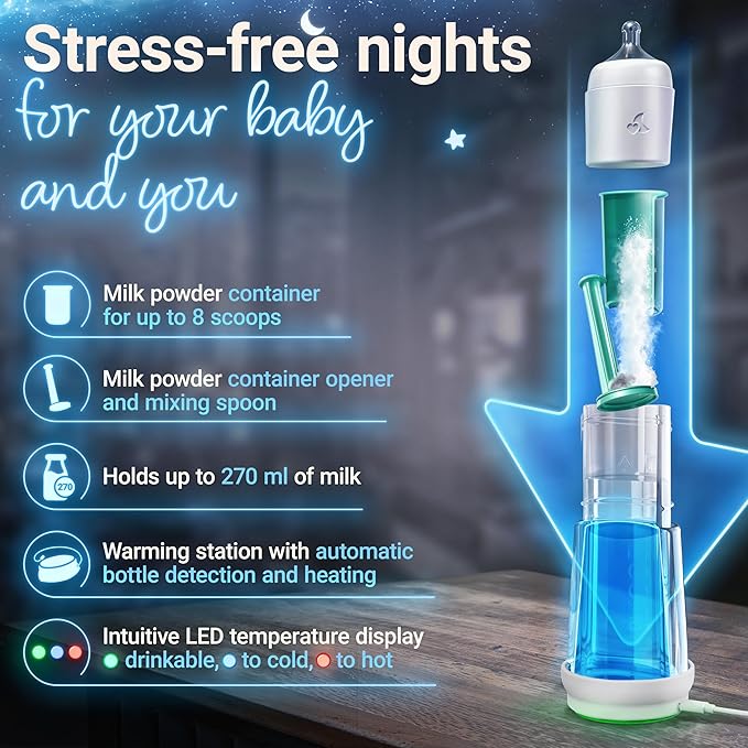 Set of 4 – Baby Night Bottle with Bottle Warmer – Baby Bottle with Integrated Formula Dispenser in The Bottle for Stress-Free Night Feedings (4 Bottles per Night)