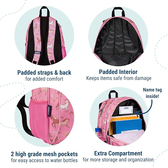 Wildkin 15-inch Kids Backpack – Durable, Padded, Adjustable for School & Travel - Wild Horses