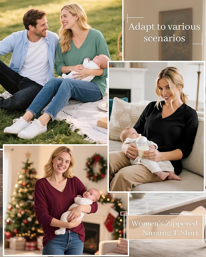 3 Pack Women's Oversize Nursing Shirts for Breastfeeding with Hidden Zippers Loose Fit Long Sleeve Maternity Tops