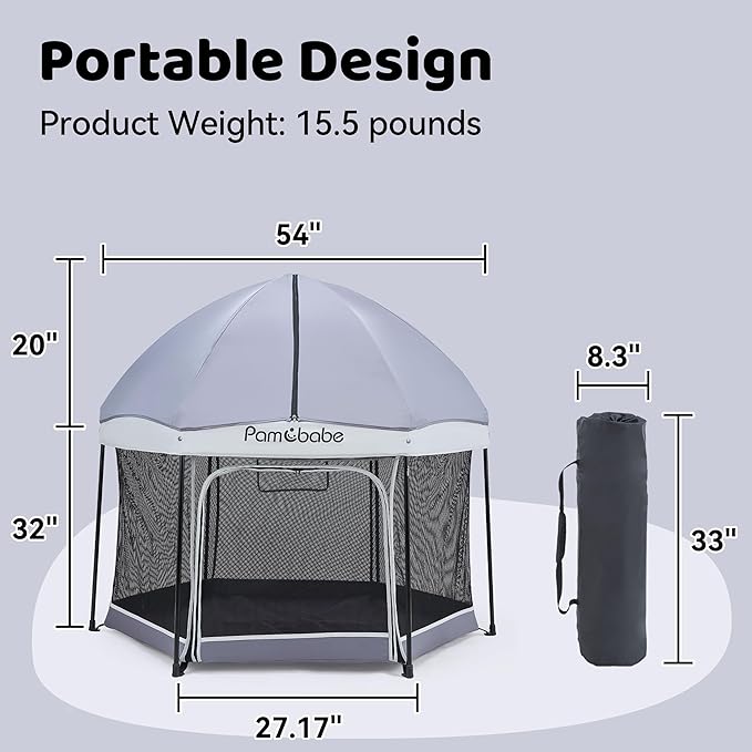 Pamo Babe Baby Playpen with Sun Protection Canopy - Indoor & Outdoor Play Yard for Babies and Toddlers - Baby Tent with Zipper Door