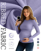 Ficerd 4 Pack Women's Maternity Shirts Cotton Long Sleeve Ribbed Crew Neck Pregnancy Tops Side Ruched Casual Mama Clothes