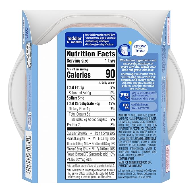 Gerber Toddler Food, Baby Food, Breakfast Oatmeal with Barley, Strawberry Banana Flavor, Cereal, Iron Helps Support Brain Development, 8 Pack
