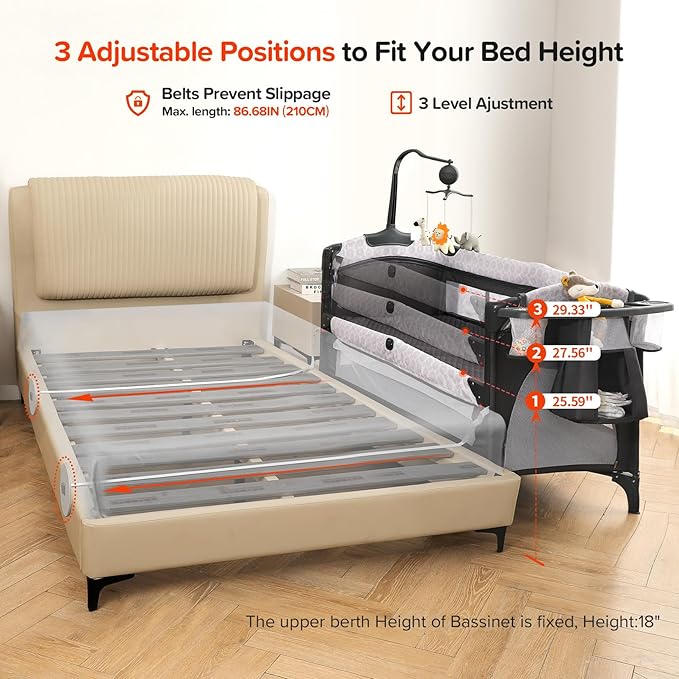 ELEMARA 4 in 1 Wide Baby Bassinet Bedside with Diaper Changer,Long Next to Bed Crib with Mattress,Sheet,Music and Blackout Cover,Playpen Travel Bed with Storage,XL Co Sleeper with 3 Adjustable Height