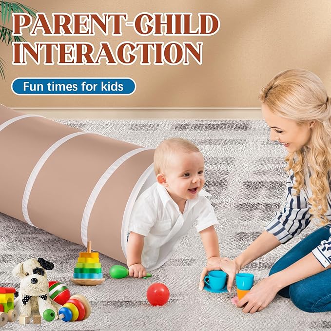Kids Play Tunnel Tent for Toddlers, Pop Up Crawl Tunnel Toy for Baby or Pet with Neutral Color, Collapsible Gift for Boy and Girl Play Tunnel Indoor and Outdoor Game (Brown Tunnel)