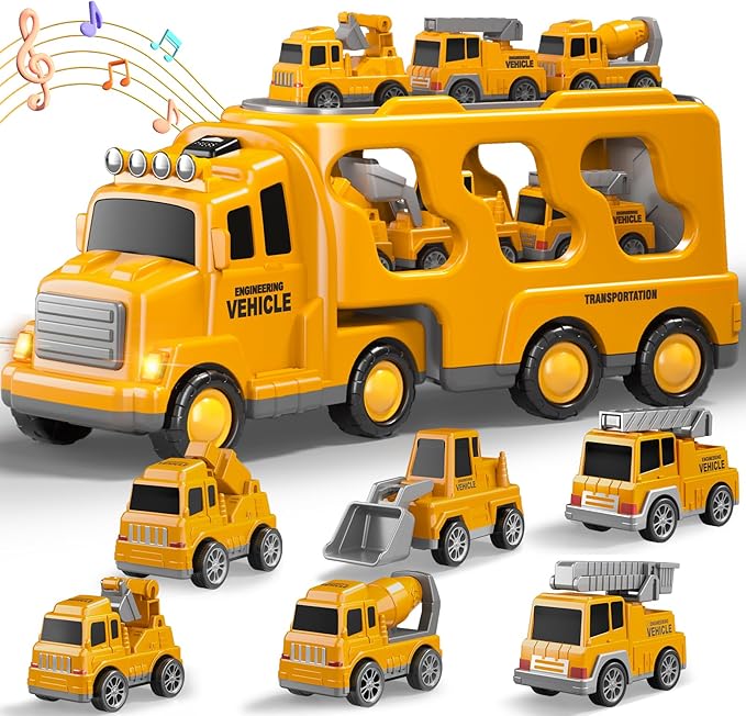 7 in 1 Construction Trucks Cars for Toddlers 3-5, Boy Toddler Car Truck Toys with Light Sound, Birthday Gifts for 3 4 5 6 Year Old Boy