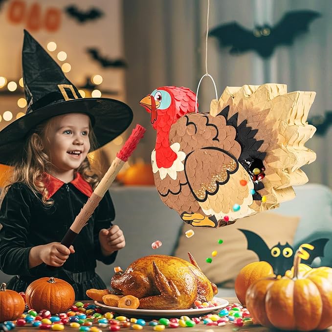 WERNNSAI Thanksgiving Turkey Pinata - Fall Autumn Decorations Wild Turkey Brown Pinata Thanksgiving Party Games for Family Fall Festival Decor Party Favors with Blindfold