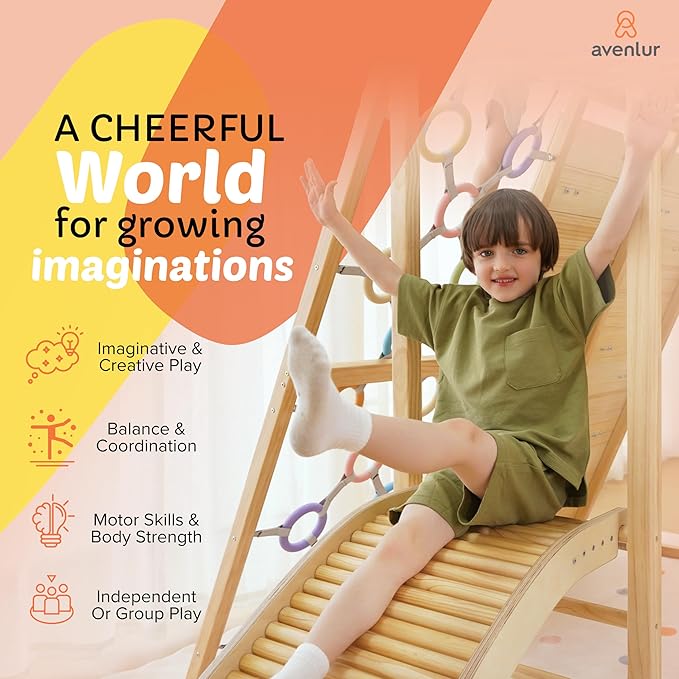 Avenlur Sweetgum Indoor Wooden Playset, 8-in-1 Climber with Rock Wall, Slide, Monkey Bars, Swing, Ages 2-6 Years