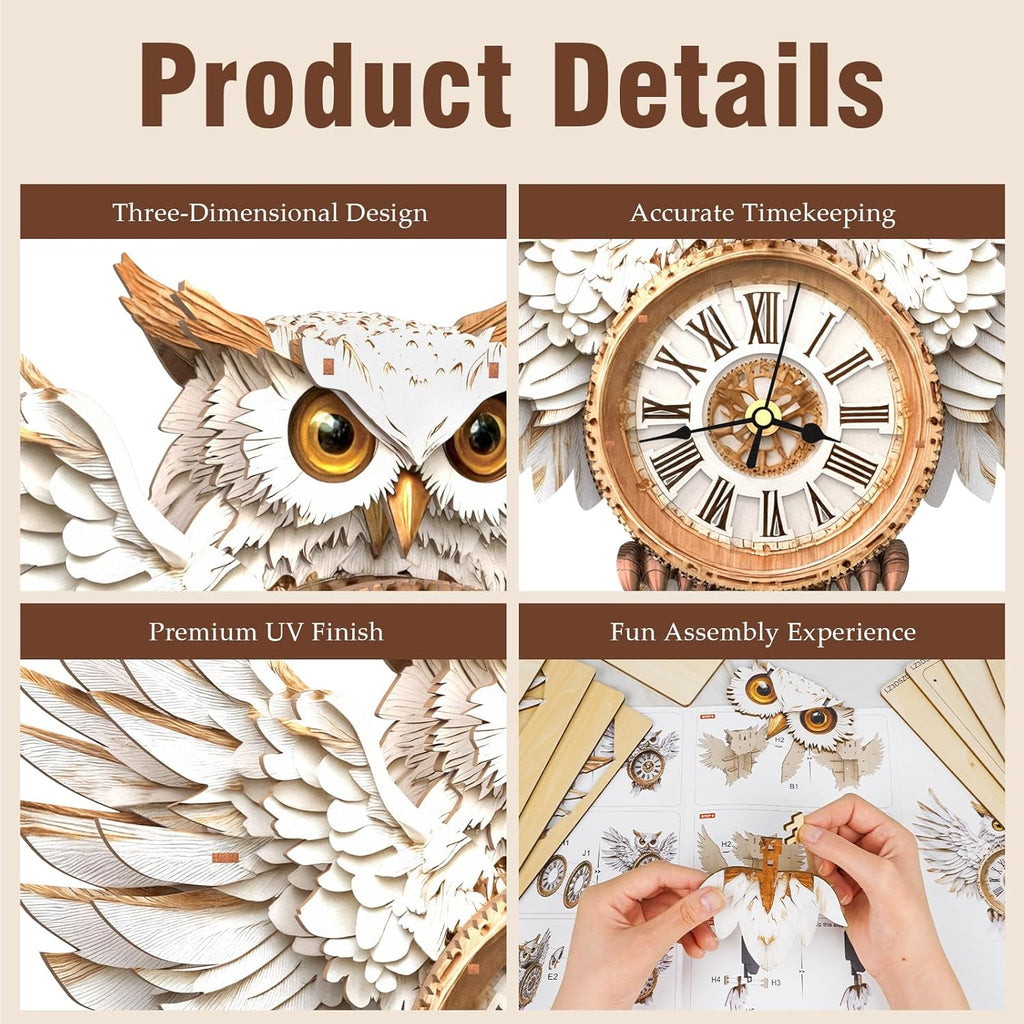 3D Puzzles for Adults Clock-Snowy Owl Design Model Kit-Mechanical DIY Pendulum Clock with Roman Numerals-Desk Home Office Decor Personalized Gift for DIY Lovers