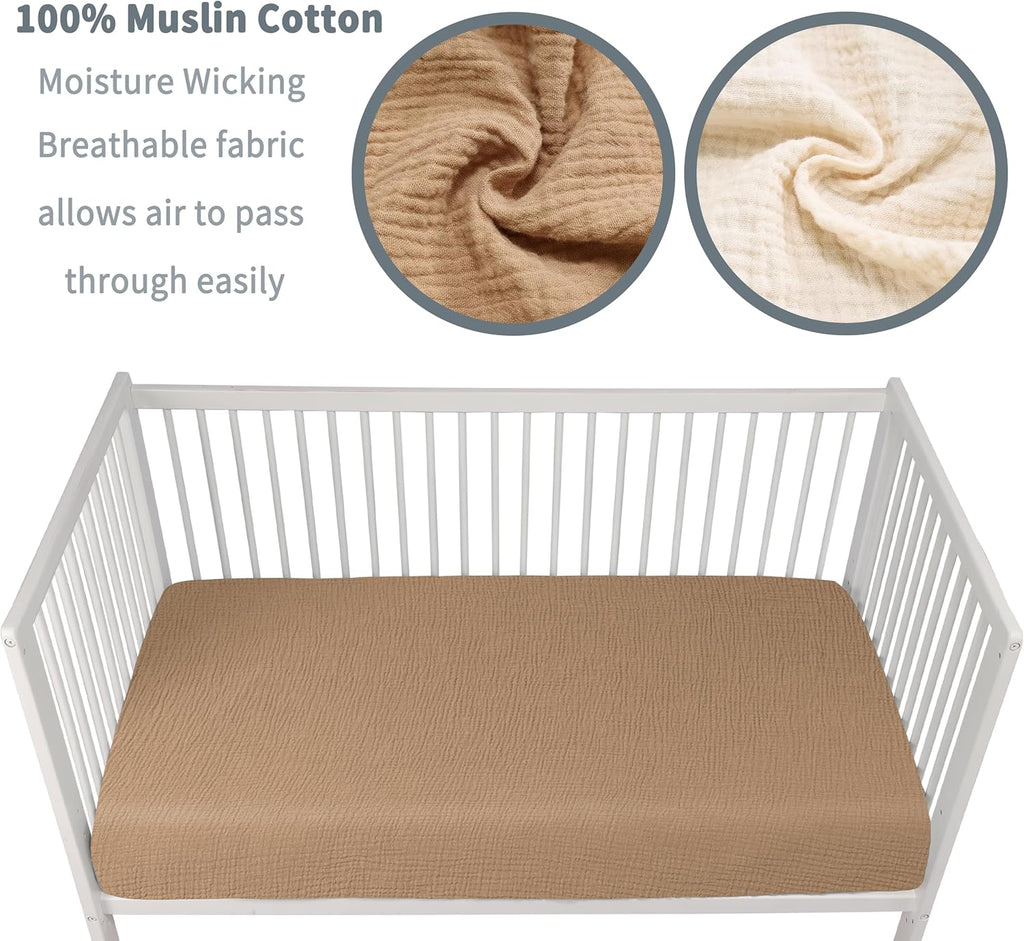 Muslin Crib Sheets for Boys Girls 100% Cotton Fitted Baby Crib Sheet 2 Pack Soft and Breathable for Standard Crib Mattress & Toddler Mattress 52x28in (Beige & Coffee)