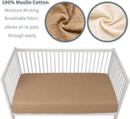 Muslin Crib Sheets for Boys Girls 100% Cotton Fitted Baby Crib Sheet 2 Pack Soft and Breathable for Standard Crib Mattress & Toddler Mattress 52x28in (Beige & Coffee)