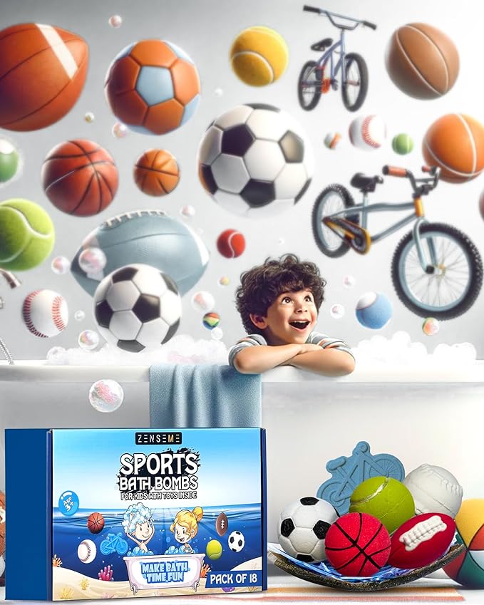 Bath Bombs for Boys with Toys Inside W/Flash Cards - Sports Bath Bombs for Kids - Gift Set of 18 Scented Organic Handmade - 2.5 oz with Natural Essential Oils - 18 Pack