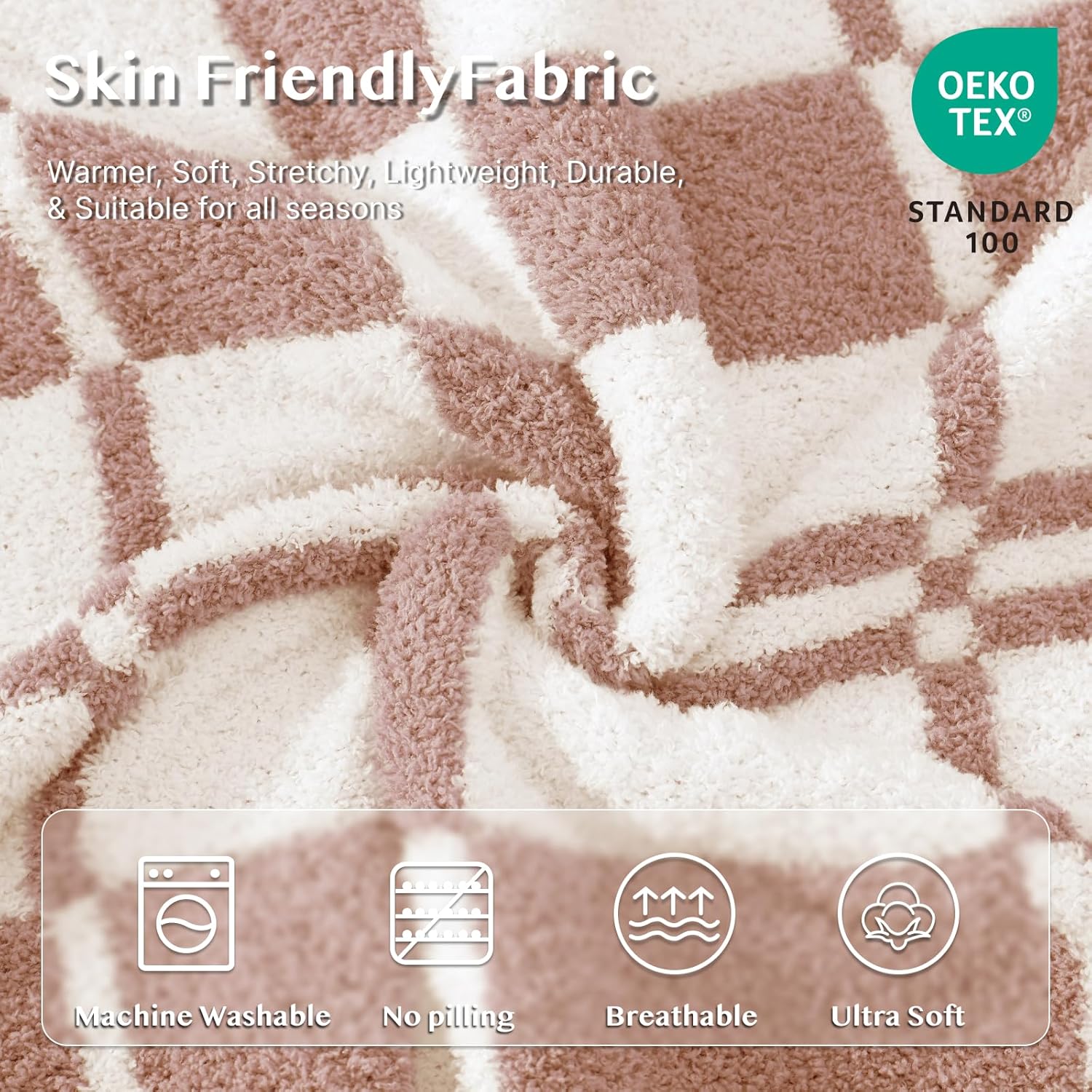 WRENSONGE Checkered Throw Blanket, Clay Pink Soft Cozy Fluffy Warm Hand Made Throw Blankets for Couch, Sofa, Chair, Bed, Camping, Picnic, Travel Lightweight Bed Blanket - 50"*60"