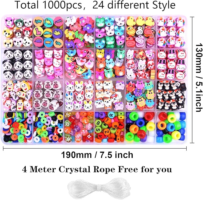 1000PCS Polymer Clay Beads Bracelet Making kit, 24 Style Cute Fun Beads Animal Beads Charms for Jewelry Necklace Earring Making DIY Accessories for Women Girls