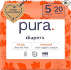Pura Size 5 Eco-Friendly Diapers (24-35lbs) Totally Chlorine Free (TCF) Hypoallergenic, Soft Organic Cotton, Sustainable Comfort, 12 Hours Leak Protection, Allergy UK,1 Pack of 20 Diapers