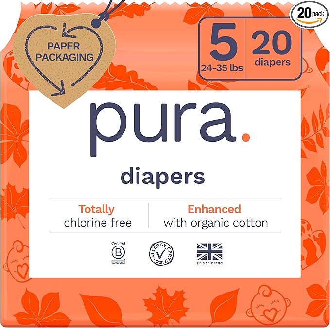 Pura Size 5 Eco-Friendly Diapers (24-35lbs) Totally Chlorine Free (TCF) Hypoallergenic, Soft Organic Cotton, Sustainable Comfort, 12 Hours Leak Protection, Allergy UK,1 Pack of 20 Diapers