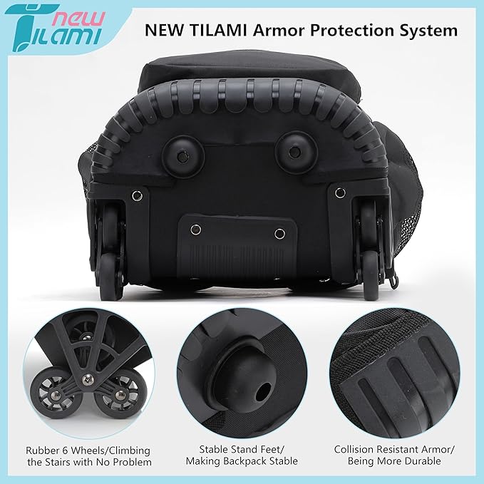 NEW TILAMI 18 inch Rolling Backpack for Kids - Waterproof, Stair-Climbing, Durable, Personalized Design for School, Travel, Black