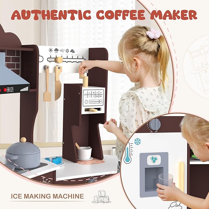 ANPABO Play Kitchen for Kids, Wooden Kitchen Playset w/Real Lights & Sounds, Coffee & Ice Maker, Microwave, Stove, 30Pcs Accessories Include Play Food, Pretend Play Set for Boys & Girls, Espresso