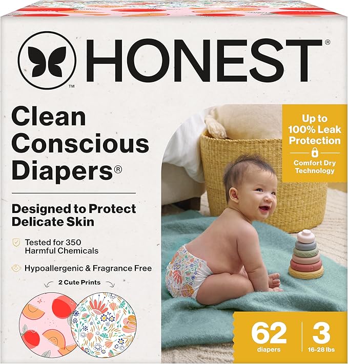 The Honest Company Clean Conscious Diapers for Delicate Skin | Up to 100% Leakproof | Hypoallergenic, Fragrance Free | Girl Prints | Club Box, Size 3 (16-28 lbs), 62 Count (Prints May Vary)